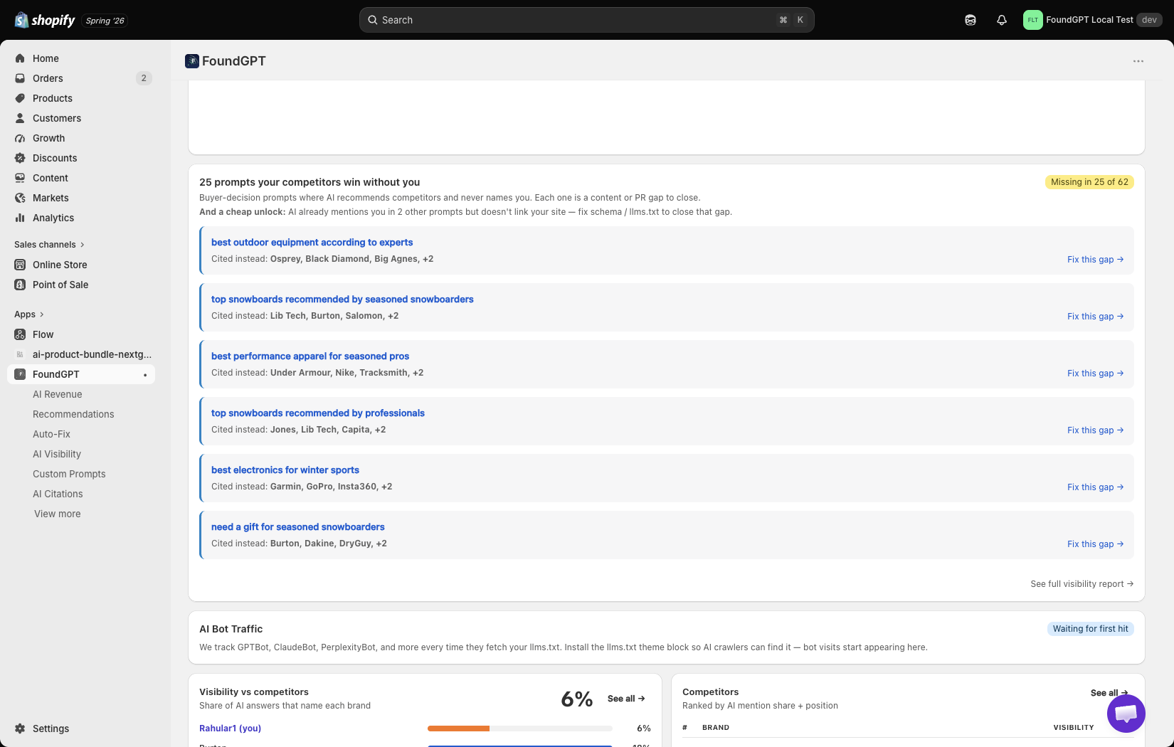 FoundGPT Missing Prompts — the buyer questions competitors win without you, each with a one-click fix